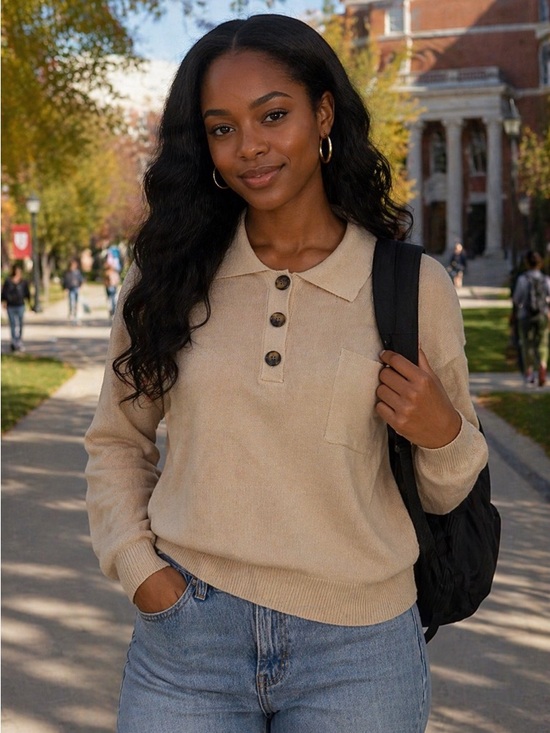 Tops - Light Beige Knit Top with Small Chest Pocket